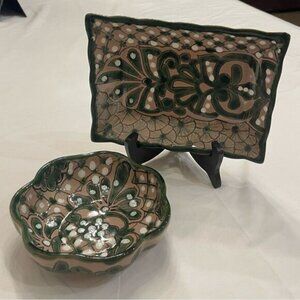 Vintage Bowl & Tray Set Mexican Redware Pottery Handcrafted Hand Painted Camacho